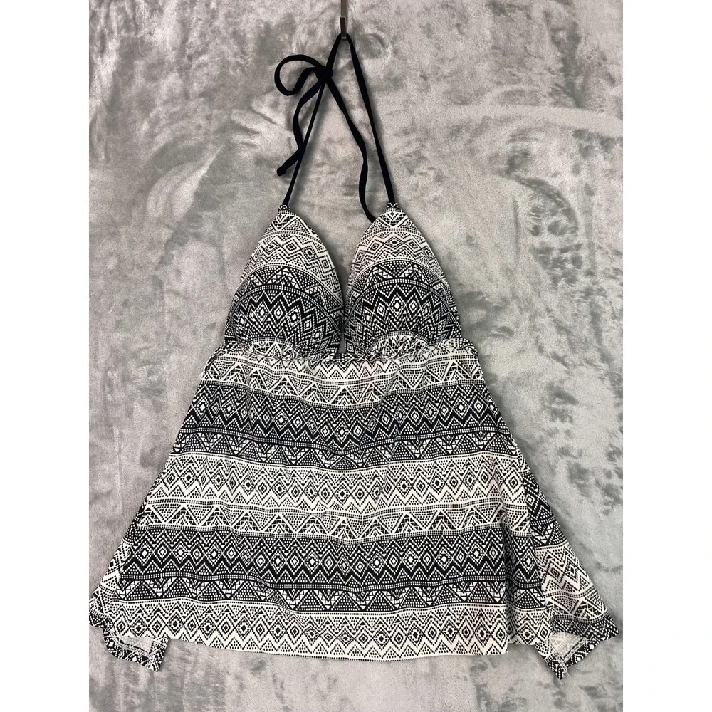 Hula Honey Swimsuit Bikini Tankini Top Black White Geometric‎ Backless M Halter